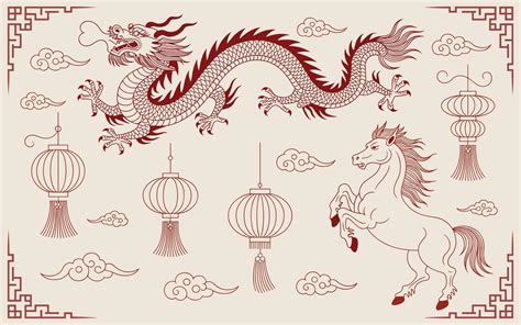 Chinese Dragon and Horse with Lanterns and Clouds Traditional Red Line ...