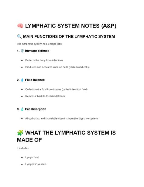 A&P Lymphatic System: Key Functions and Components Notes - Studocu