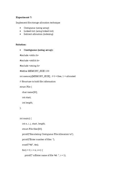 Experiment 7-10: File Storage Allocation Techniques in C - Studocu