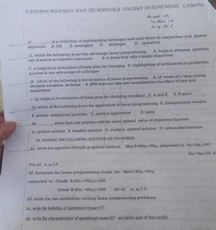 Solved: DADIMOS BUSINESS AND TECHNOLOGY COLLEGE SHASHEMENE CAMPUS Max ...