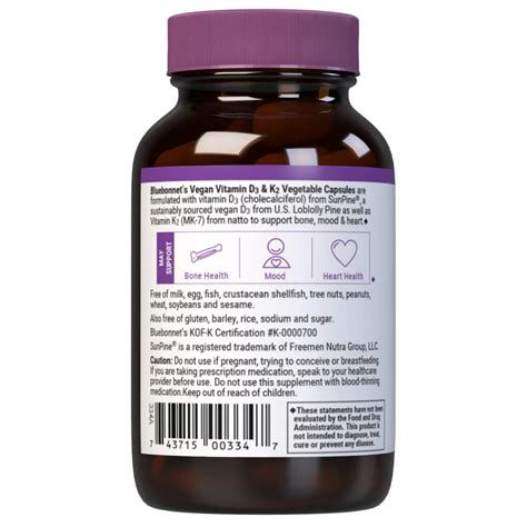 Bluebonnet, Vegan Vitamin D3 & K2, 125 mcg (5000 IU) & K2 100 mcg