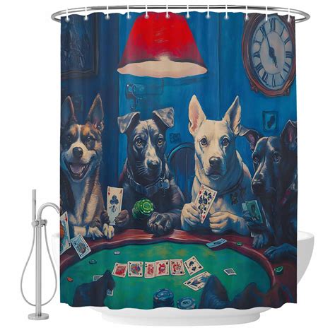 Bathroom Shower Curtain Retro Dog Playing Poker Card Waterproof Shower Curtains with Hooks ...