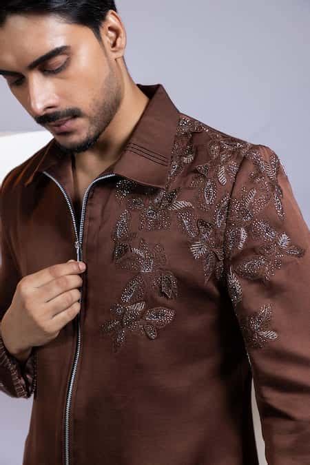 Buy Brown Satin Embroidery, Beads, Applique Cocoa Crest Bomber Jacket ...