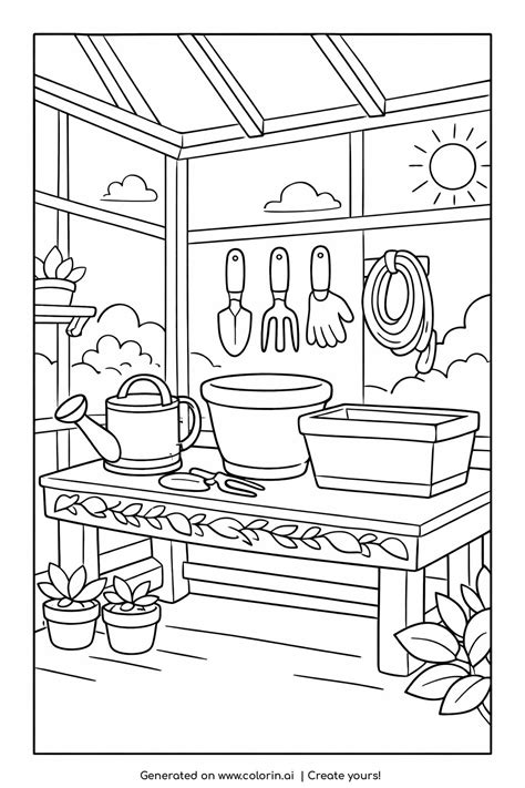 greenhouse corner with gardening tools coloring page | Printable