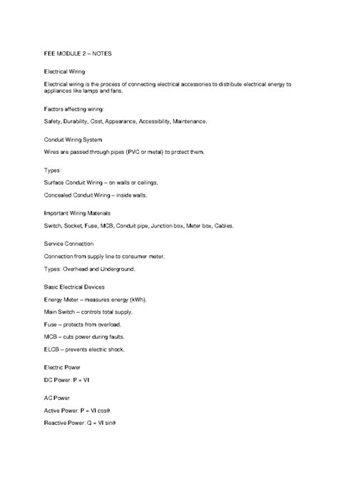 FEE Module 2: Electrical Wiring and Safety Notes - Studocu