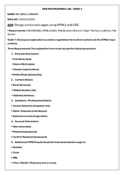 WEB PROGRAMMING LAB WEEK 4: HTML5 Registration Form Design - Studocu