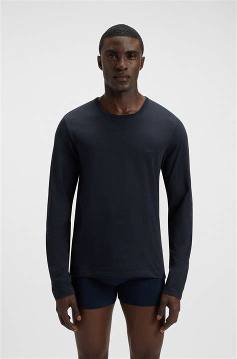 BOSS - Long-sleeve cotton top with embroidered logo - Blue / Red / White