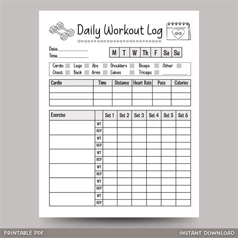 printable exercises 🔖 Daily Workout Log Printable Exercise Planner, Gym ...