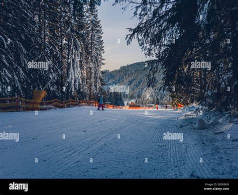 Polyanytsia Ukraine 01.21.26 Skiers enjoy the snowy slopes near a ...