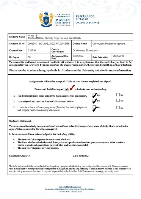 218.730 Construction Project Management: Group 13 Assignment Report - Studocu