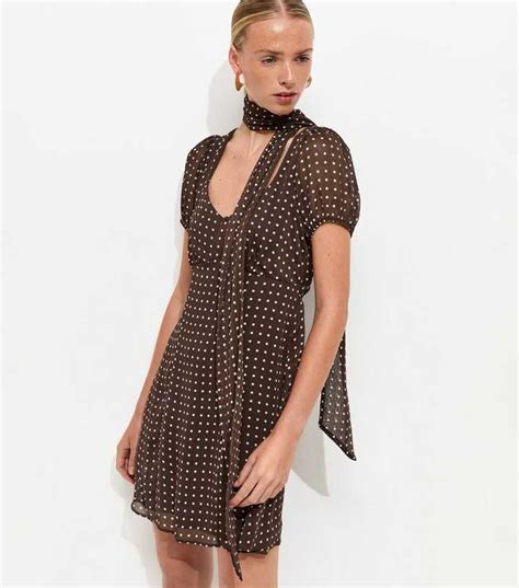Brown Chiffon Polka Dot Mini Dress with Scarf | New Look