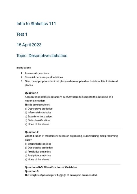 Statistics 111 Test 1: Descriptive Statistics Overview and Questions ...