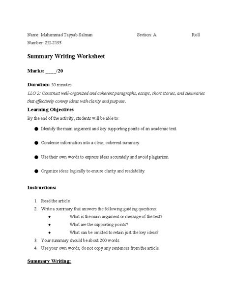 Summary Writing Worksheet: Key Skills & Objectives - Studocu