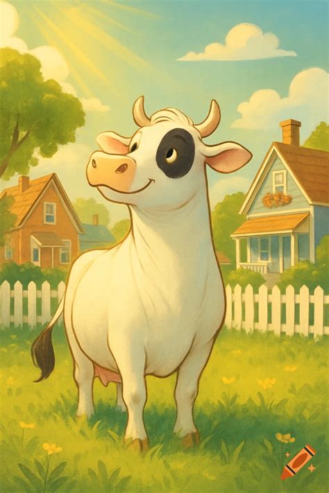 A black and white cow stands facing forward in a sunlit green pasture with rolling hills in the ...