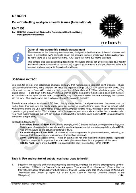NEBOSH ID2: Sample Assessment on Controlling Workplace Health Issues ...