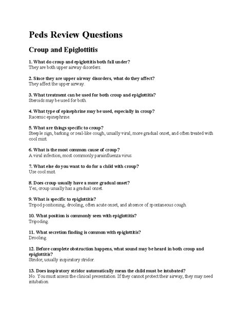 Peds Review Questions: Croup, Epiglottitis, and More - Studocu