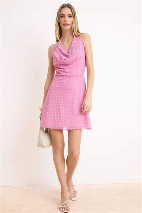 Pink WOVCOR Polka Dot Cowl Neck Sleeveless A-Line Mini Dress | Boohoo