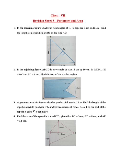 Class VII Revision Sheet 5: Perimeter & Area Problems - Studocu
