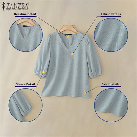 ZANZEA Women Korean Casual V-neck 3/4 Sleeves Puff Sleeves Striped ...