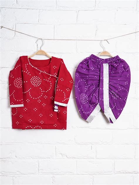 Red Bandhani Printed Cotton Kurta with Dhoti Pants- Set of 2