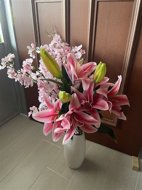 Artificial Pink Lily and Cherry Blossom Arrangement, Furniture & Home ...