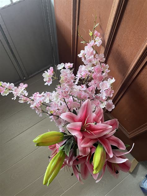 Artificial Pink Lily and Cherry Blossom Arrangement, Furniture & Home ...