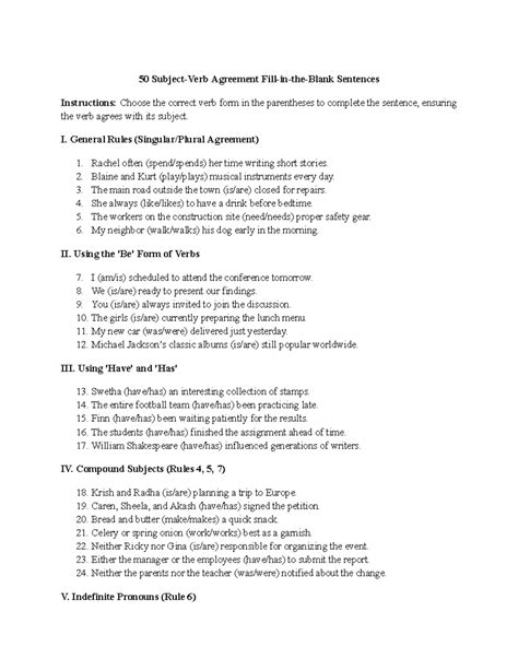 50 Subject-Verb Agreement Fill-in-the-Blank Exercises - Studocu
