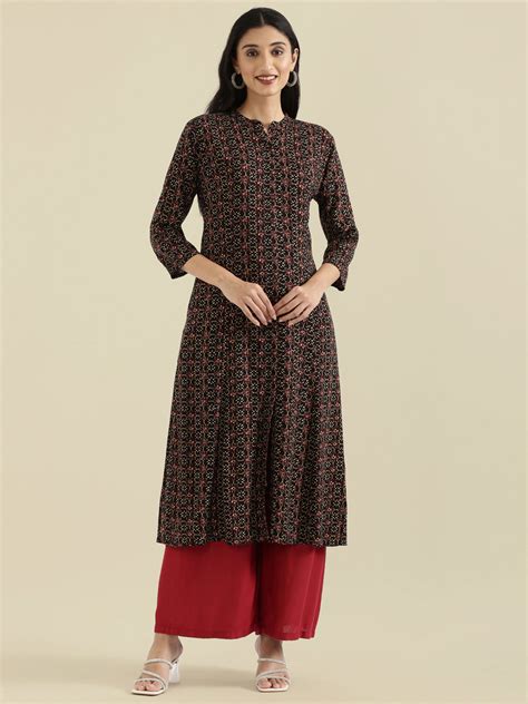 Viscose Mandarin Collar Ajrakh Print A-Line Kurta – Go Colors India