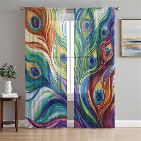 Colorful Peacock Feathers Sheer Curtains 84 Inches Long 2 Panels Set, Window Sheer Curtains for ...