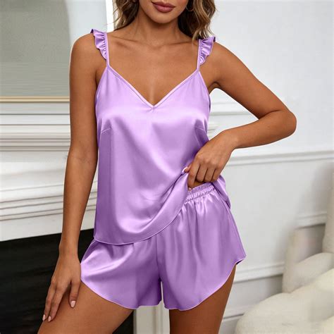 Avirosel Women's Sexy Silk Satin Ruffled Pajamas Sets Cami Tops & Shorts 2 Piece Sleepwear Soft ...