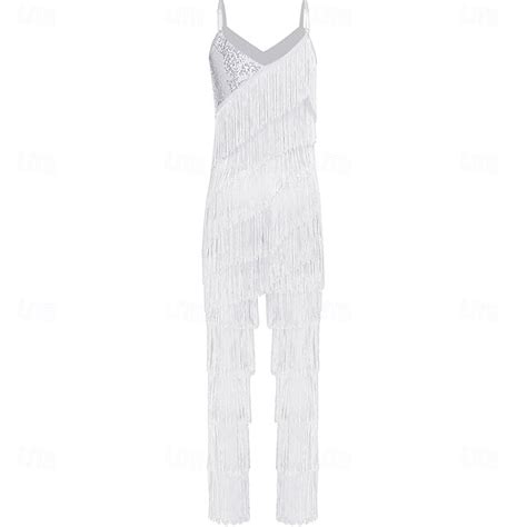 White Tiered Fringe Jumpsuit - Sparkling Sequin Latin Samba Dance ...
