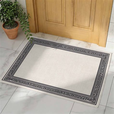 Black Cream Greek Key Door Mat, Non Slip Bathroom Rugs, Geometric ...