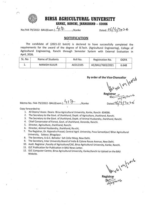 Notification for Award of Degree of B.Tech (Agriculture Engineering) Ranchi (Batch: 2021-22 ...