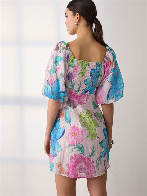 Buy Pink/Blue Floral Print Puff Sleeve Mini Occasion Dress from Next India