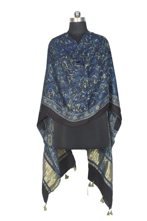 Premium Dupatta- Ajrakh Modal Silk Natural Dye Golden Border Hand Print ...