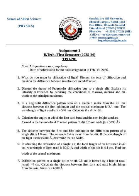 TPH-201 (Assignment-2): Diffraction of Light and Fraunhofer Theory ...