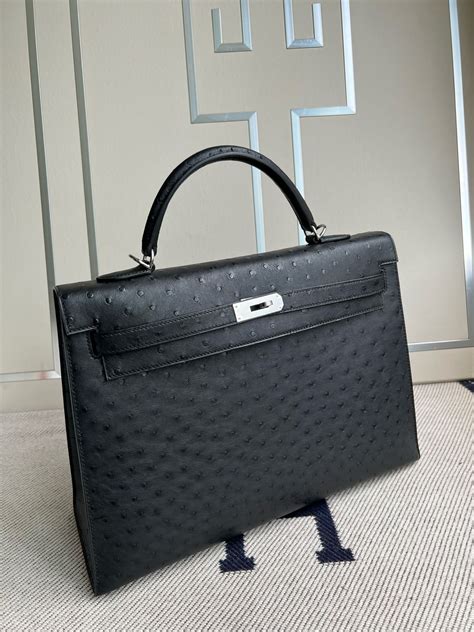 Uncle Bench Hermes Kelly Ostrich kk ck89 Noir Silver Hardware PHW 35cm Full Handmade - Cuantos ...