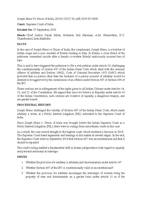 Joseph Shine v. UOI: Landmark Judgment on Adultery Law - Studocu