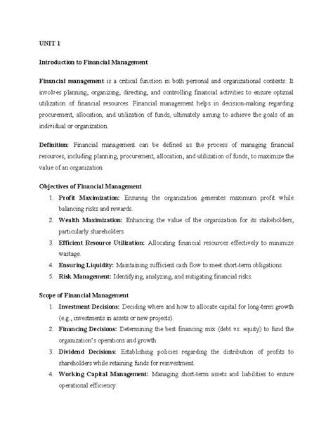 UNIT 1 - Introduction to Financial Management: Key Concepts and ...