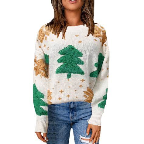 CZHGKM Womens Sweaters Women's Christmas Tree Print High Neck Sweater ...