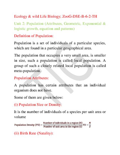 Ecology Unit 2: Population Growth Models and Attributes - Studocu
