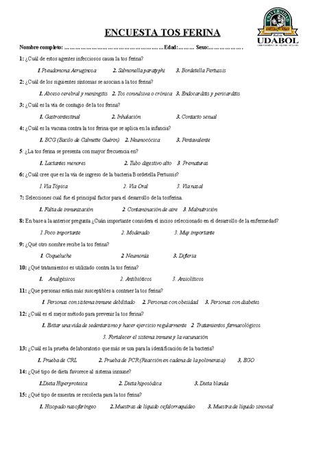 Encuesta sobre Tos Ferina: Causas, Síntomas y Prevención - Studocu