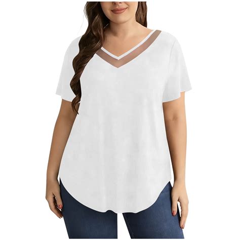 APEXFWDT Women's Plus Size Curvy Hem Blouse Sheer Trim V Neck Short ...