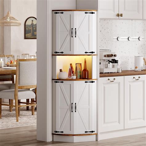 64.6" Farmhouse Corner Cabinet with LED Light, Tall Bathroom Cabinet ...