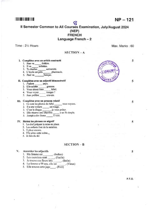 I NP 121 French 2 Semester Common Exam July/Aug 2024 - Studocu