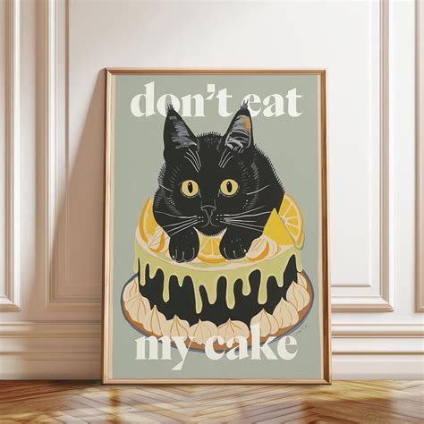 Whimsical Kitchen Decor Black Cat Lemon Cake Fun Food Illustration Art ...