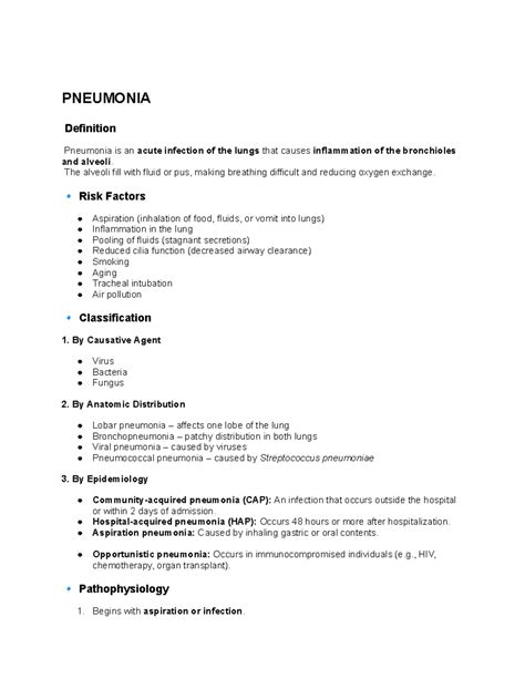 Patho 122: Pneumonia Overview and Clinical Insights - WEEK 5 - Studocu