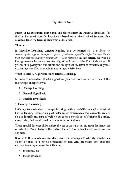 Experiment 1 - Implementing Hypothesis Algorithm in ML - Studocu