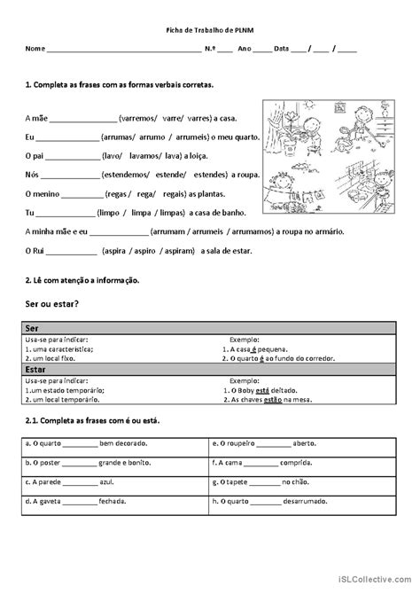 Ficha de Trabalho de PLNM - Verbos e Uso de Ser/Estar - Studocu