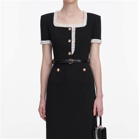 Black Crepe Contrast Frill Midi Dress – self-portrait